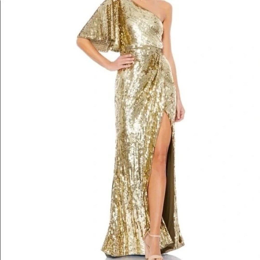 Mac Duggal Full Sequin Cap One Sleeve Column Trumpet Gold Gown Size 10 NWT 93540